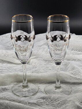 Vtg Rawcliffe Pewter Mother & Father of the Bride Champagne Flutes Gold Rim Pair